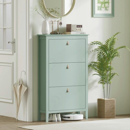 Wyld Haus Diveve Wooden Mint Green Modern 3 Drawer Shoe Cabinet Faux Leather Handles
