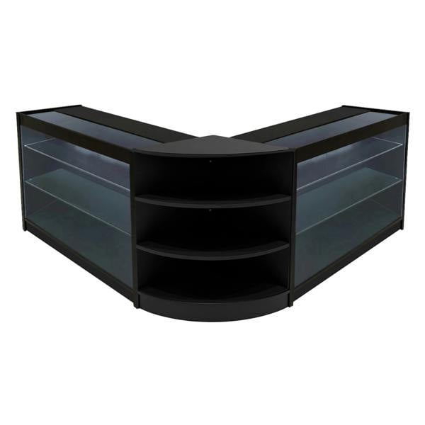 Black Apollo LED Shop Counter Set with sleek glass shelves, modern design, and curved edges, ideal for retail displays
