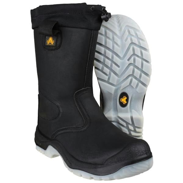 Amblers Safety Amblers FS209 Mens Water Resistant S3 Pull On Safety Rigger Boot, black safety boot with waterproof material and white slip-resistant sole.