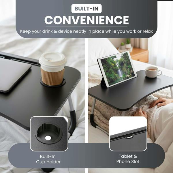 LKH HOME COLLECTION Foldable Laptop Table with Tablet Holding Slot - 60×40×28 cm Portable Bed Tray with Drink Holder, for Bed, Sofa & Desk