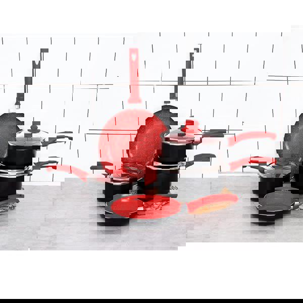 Gr8 Home Aluminium 8 Pc Marble Ceramic Non Stick Induction Frying Pan Saucepan Set Red