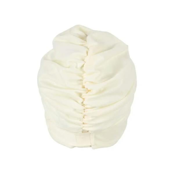 Cream-colored beanbag chair with draped fabric swim cap design