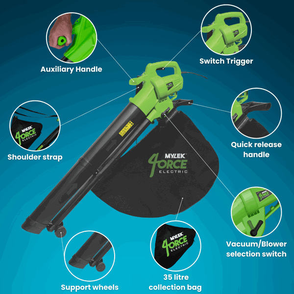 Mylek Leaf Blower And Vacuum, 3000W Garden Shredder Mulcher And Rake With And Two Collection Bags