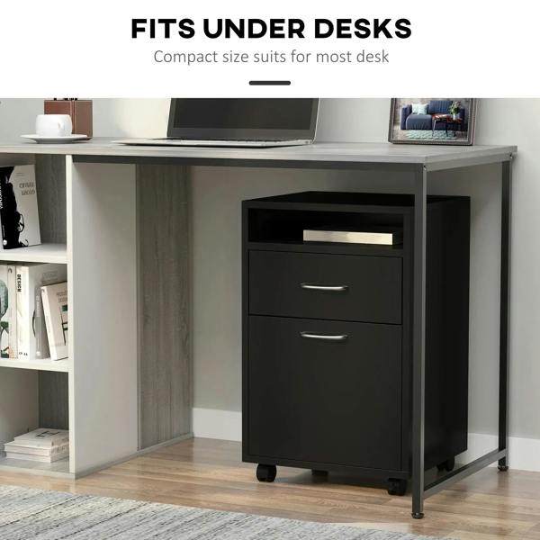 Black filing cabinet with open shelf and two drawers, mounted on four caster wheels