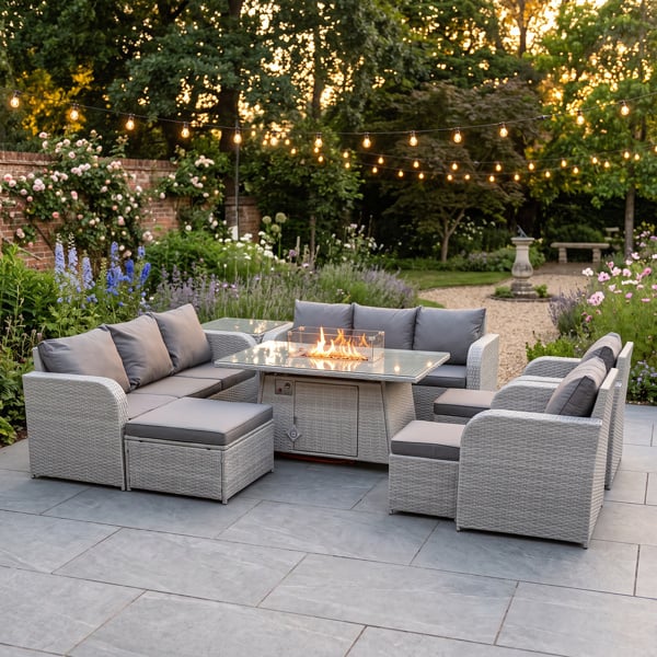 Fimous PE Rattan High Back Lounge Sofa Set Patio Fire Pit Dining Table & Chairs Set with 3 Seater Sofa Reclining Chair 3 Stools Side Table Light Grey