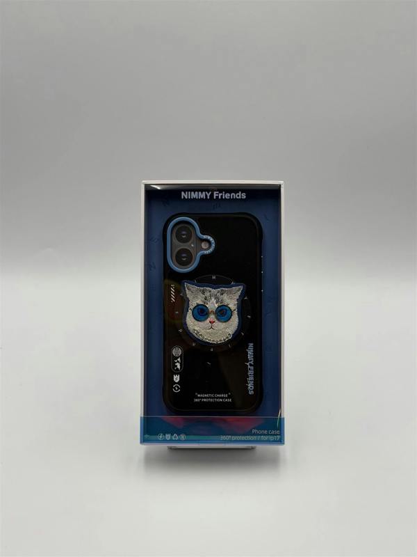 Nimmy Friends Nimmy Glass Cool Cat Face Case with Detachable MagSafe Grip Stand for iPhone 17 6.3" Black Blue - N-YJKM-CXZJ-IP17-03