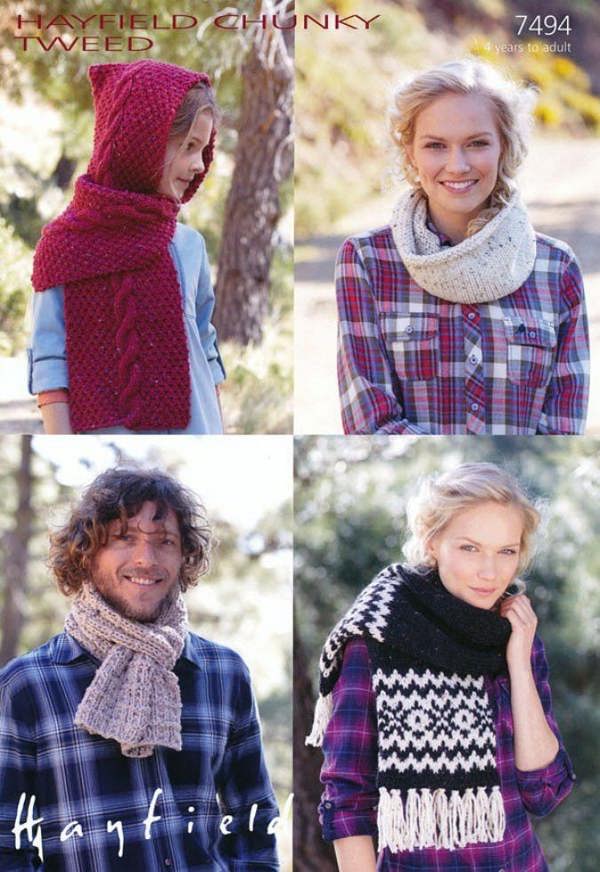 Hayfield Tweed Knitting Pattern 7494, Scarves for Kids, Men, Women, 4 Years- Adult - Advanced