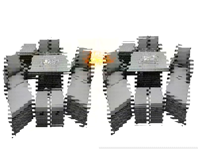 Fimous 8 Seater Rattan Garden Furniture Set with Love Sofa, Gas Fire Pit Dining Table, 2 Chairs, 4 Footstools, Side Table - Dark Grey