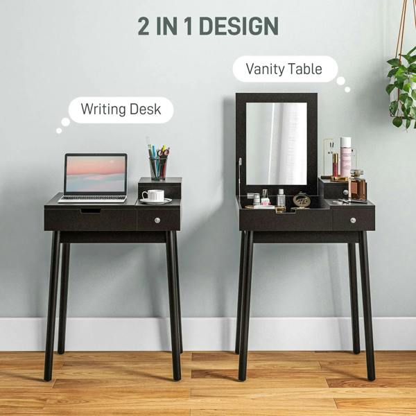 Black vanity desk with flip-up mirror and two drawers, shown with laptop