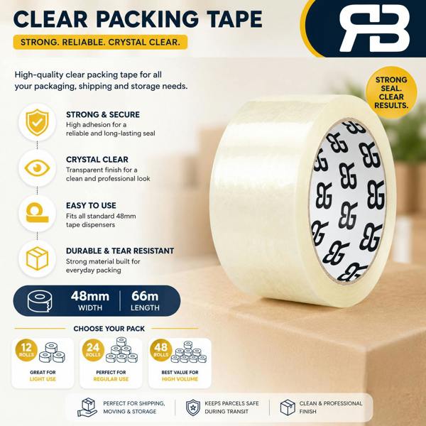 RexBrown Packing Tape 48mm x 66m Clear Brown Fragile Parcel Box Tape 12, 24 or  48 Rolls