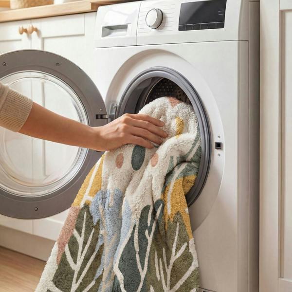 Person taking a colorful towel out of a washing machine in a kitchen.