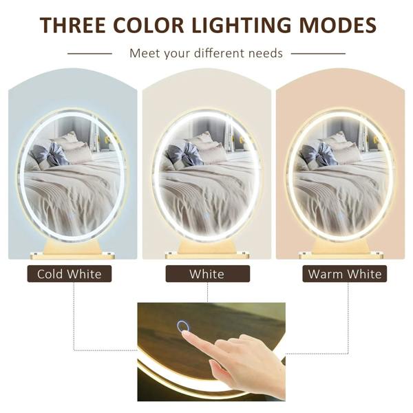 Oval LED mirror vanity desk graphic with three lighting modes: cold, white, warm