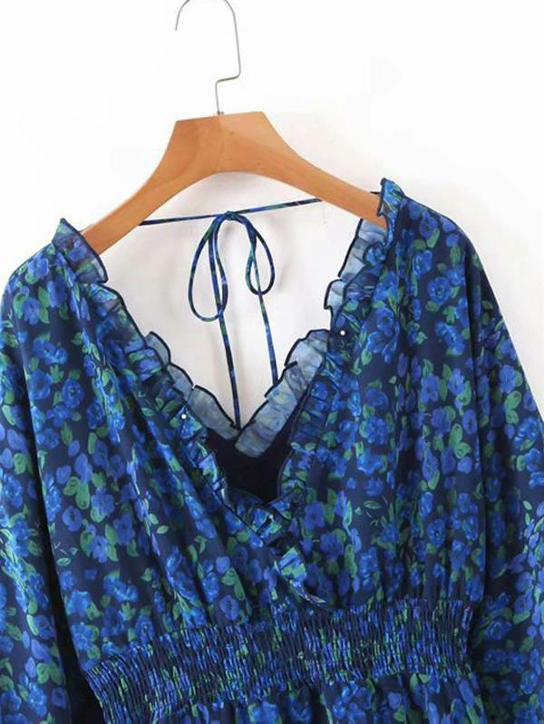 FS Collection V Neck Long Sleeve Mini Dress With Frill Detail In Blue Floral Print