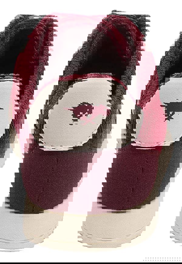 Rocket Dog Bolt Womens Casual Smart Lace Up Shoes Trainers, front view showing maroon and cream color with a bird logo on the tongue.