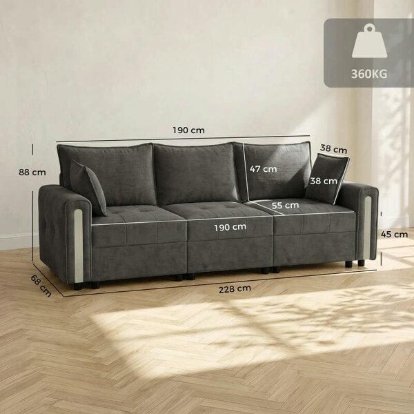 3 Seater Sofa with Lift-Up Storage, 228cm Comfy Velvet Couch with Wide Deep Seat, Dark Grey