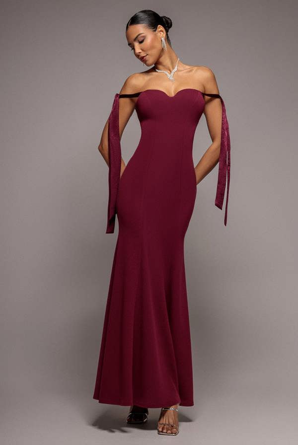 Multiway Bow Velvet Satin Sweetheart Maxi Dress - Burgundy DR5078