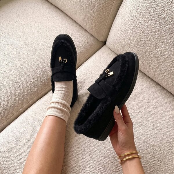 Love Lemonade Mollie Faux Suede Fur Lined Flat Penny Detail Moccasin Loafers Black