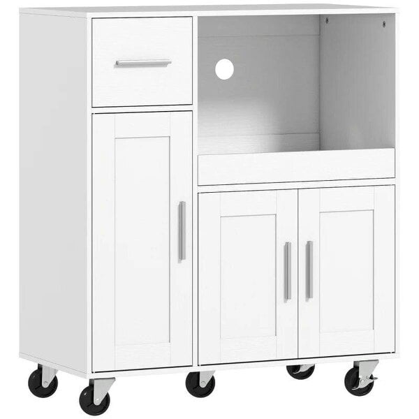Rolling Kitchen Cart, Microwave Cabinet with Sliding Tray, Drawer, 3-Door Cupboards, Adjustable Shelf, White