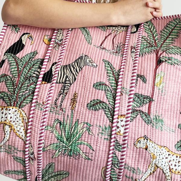 Hayley & Co Jungle Print Large Quilted Cotton Tote Shoulder Bag in Pink
