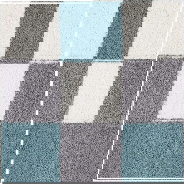 Geometric Design Thick Shaggy Area Rugs Duck Egg Blue