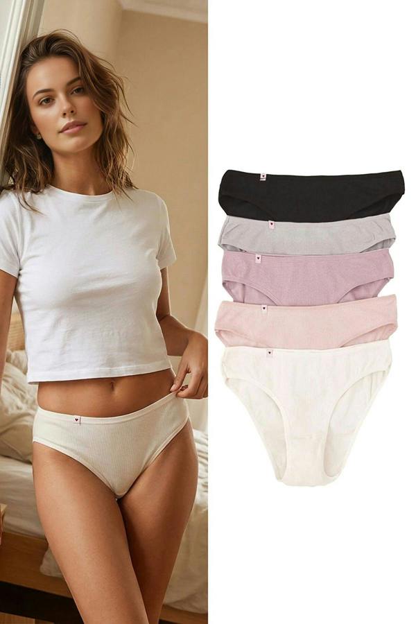 WOVCOR 5-Pack Cotton Ribbed Classic Knitted Panties with Heart Label Detail