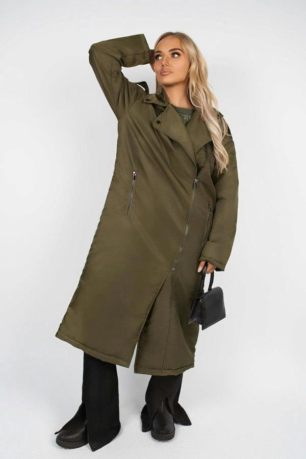 Yvette Longline Padded Coat With Side Pockets - Khaki