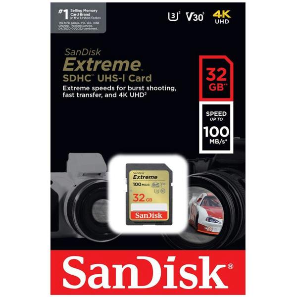 SanDisk Extreme SDHC card 100MBs UHSI U3 V30 32GB