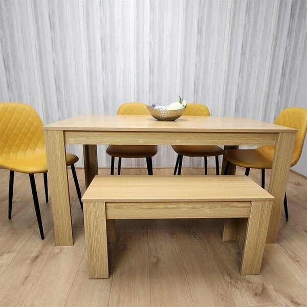 KOSY KOALA 6 Seater Modern Light Wood Dining Table Set with 4 Mustard Gem Pattern Chairs and Bench  H75 x L140 x W80 cm