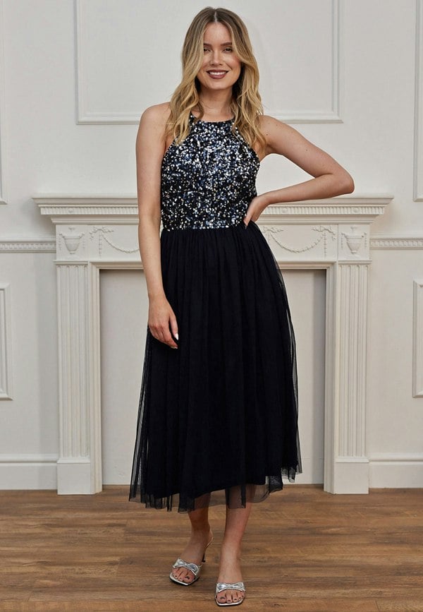 Embellished Halterneck Sequin Midi Dress in Navy - ANGELEYE