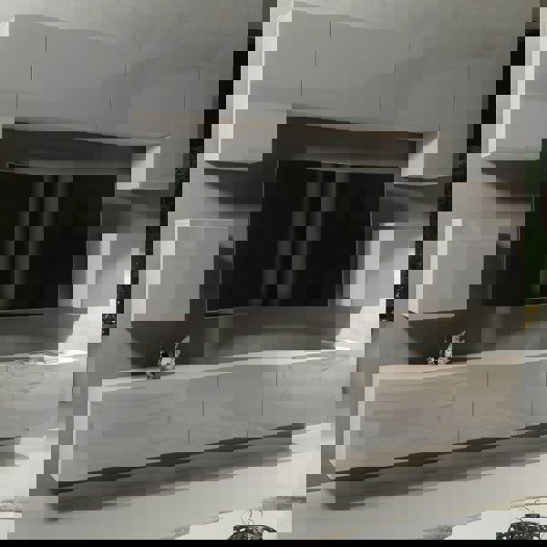 Mex Furniture Modern Wall TV Unit 9 Elements – White Matt Body and Grey Gloss Doors – Free RGB LED