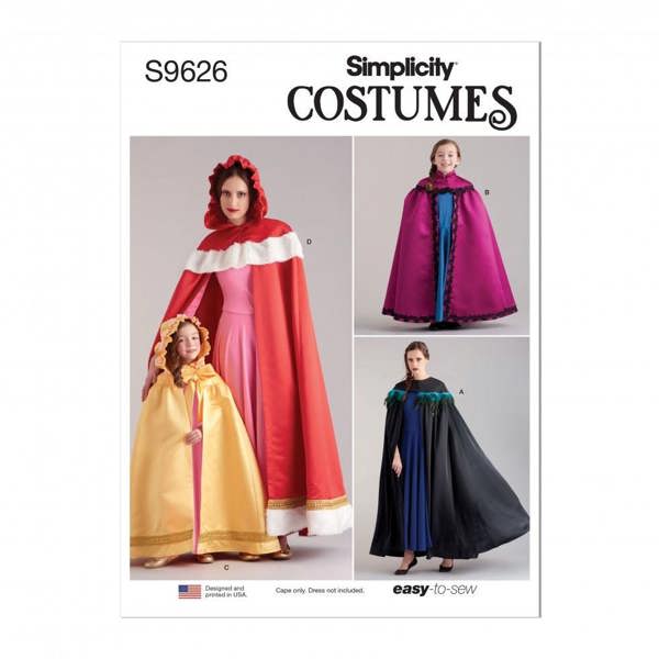 Simplicity Sewing Pattern 9626, Costumes, Capes for Kids, Teenagers, Women, A (S-M-L / XS-S-M-L-XL) - Easy