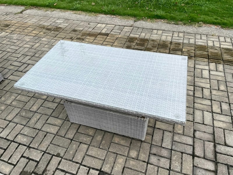 Fimous Rattan Outdoor Garden Funiture Set Height Adjustable Rising Lifting Table Sofa Dining Set with Light Grey