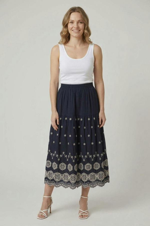 Navy | Embroidered High Waist Midi Skirt
