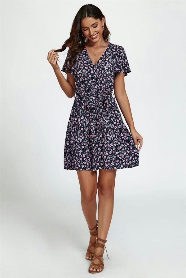 FS Collection Floral Print Hem Tiered Wrap Mini Dress In Navy