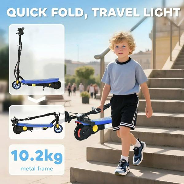 Blue foldable electric scooter with compact frame and front wheel, child standing