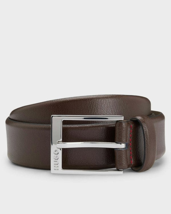 HUGO Gellot Mens Grained-Leather Belt with Logo Engraved Buckle - Dark Brown 202