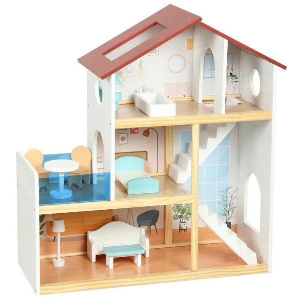 Kids Wooden Dolls House, 3-Story Dollhouse with 5 Rooms and 11 Accessories, Pretend Play Gift for Ages 3+, White