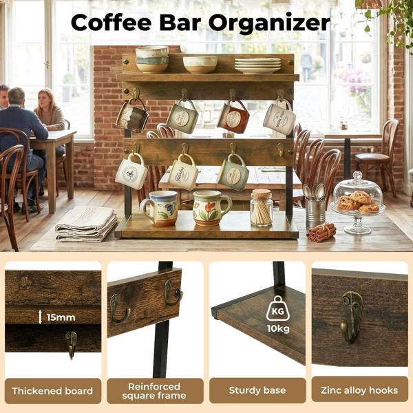 Levede Mug Holder Stand Coffee Cup Rack Storage Organiser 8 Hooks Rustic Brown
