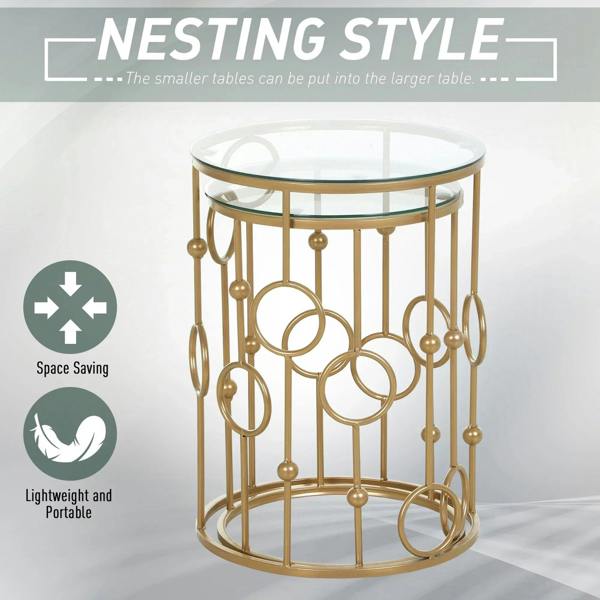 Gold-tone nesting round coffee table with clear glass top and open ring-pattern frame