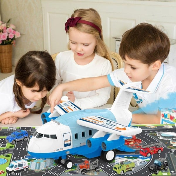 deAO Toys Transport Cargo Airplane Car Track Toy Set with Music Lights and Spray