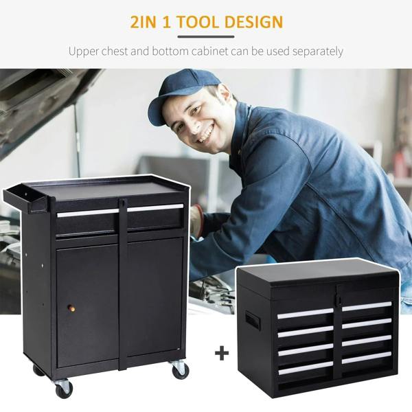 Black tool cabinet and matching top chest configuration on caster wheels