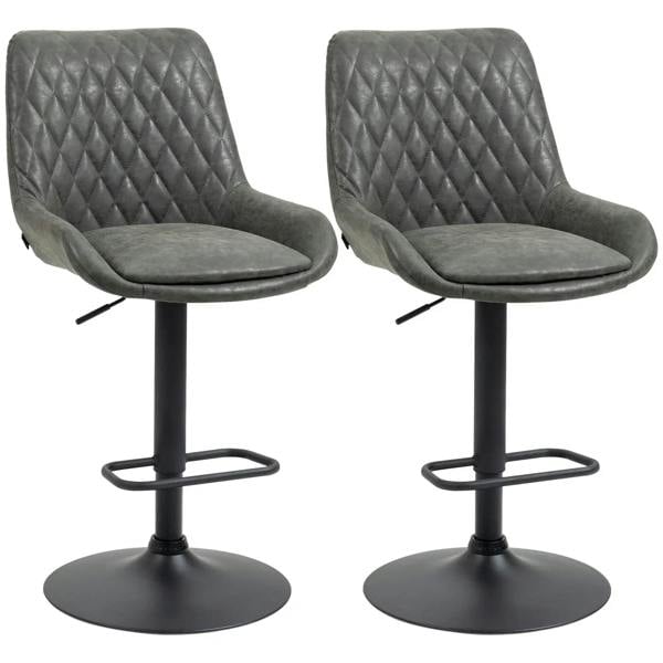 Set of 2 dark grey upholstered bar stools with back, swivel seat, adjustable height