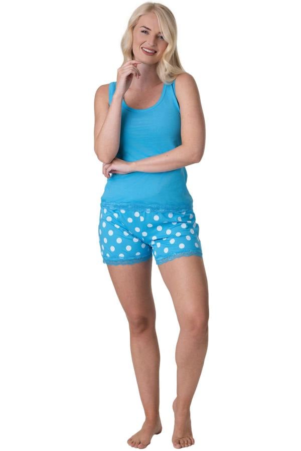 Camille Aqua Lightweight 100% Cotton Plain Sleeveless Top Pyjama Set With Lace Detailing