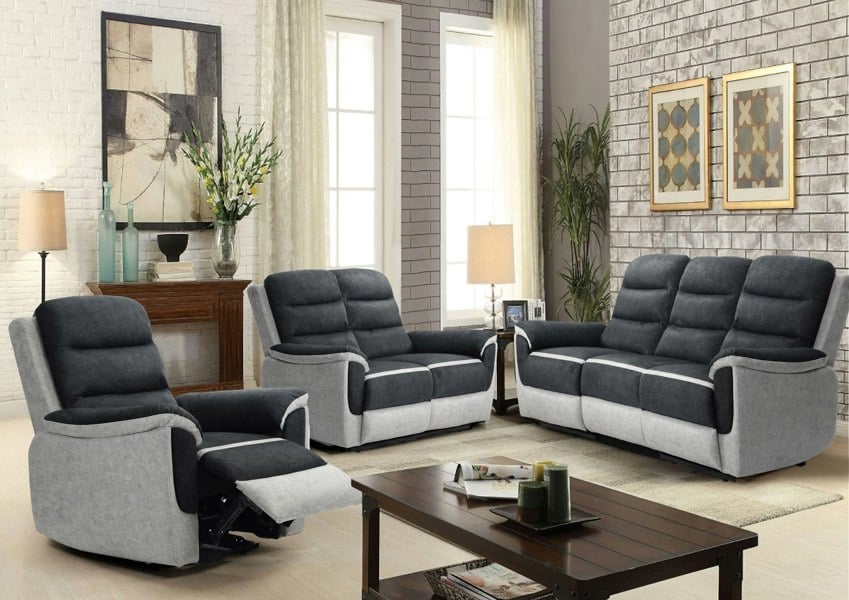 Comfy Living Two Tone Contrast Fabric Recliner Set Chair 2 Seater Sofa 3 Seater Sofa Grey