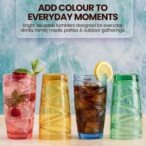 Brambles Home Plastic Tumblers Reusable Drinking Cups Assorted Colours Stackable Cups for Home Garden Parties Picnics BBQs