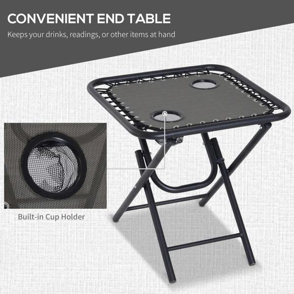 Dark grey end table with built-in cup holder and mesh tabletop on folding legs
