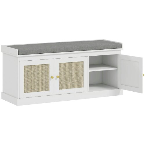 Wyld Haus Wooden White Shoe Bench With 3 Woven Rattan Doors And Grey Padded Seat