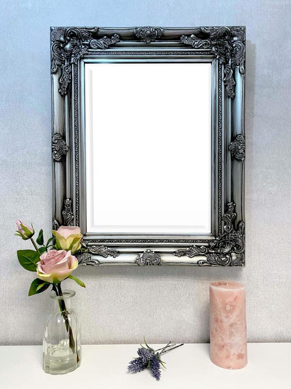 Downton Interiors Antique Silver Wood Frame Wall Mirror with Bevelled Glass 53cm x 43cm