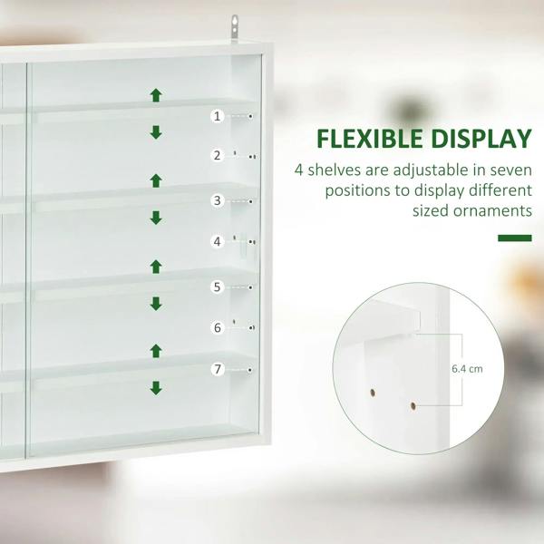 White glass-door wall display cabinet interior with adjustable shelf positions