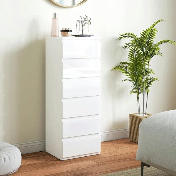 Chest of Drawers High Gloss Finish 6 Drawer Dresser Space Saving Slim Design Handle Free Drawers High-Gloss White - High-Gloss White